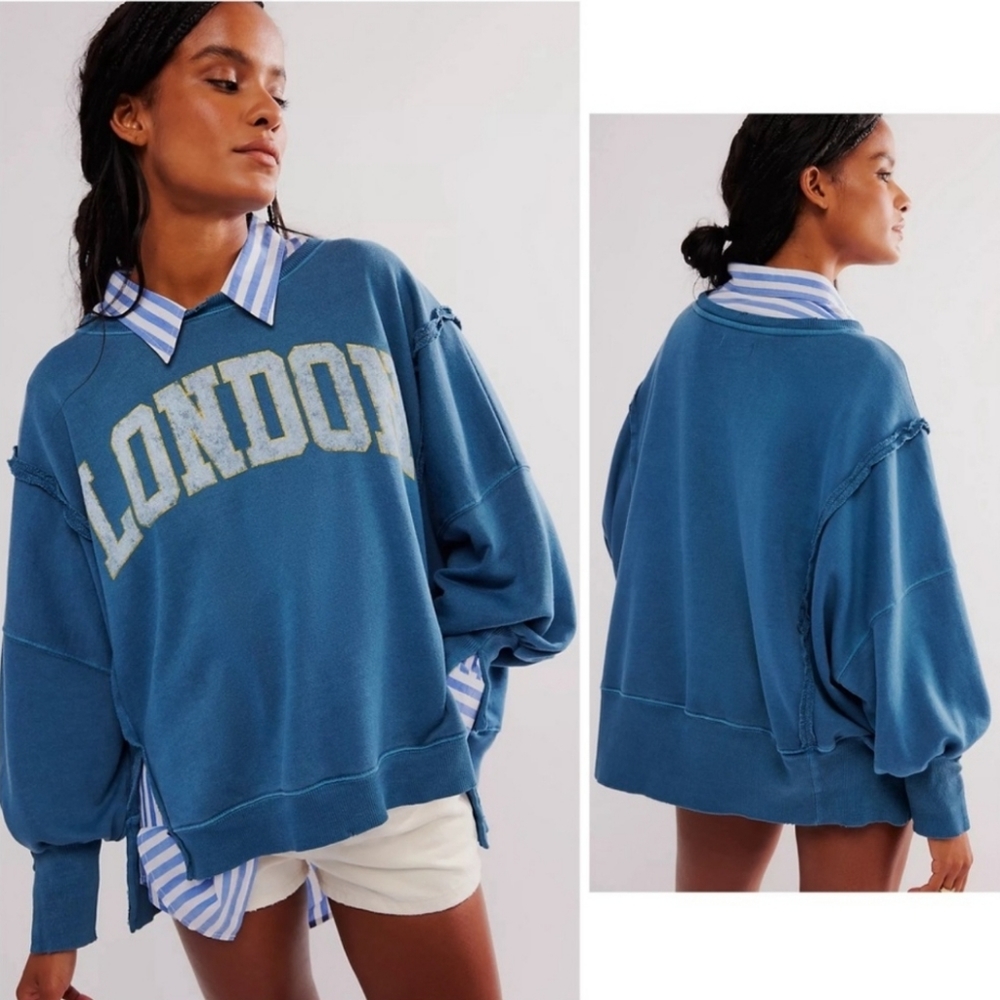 NWT FREE PEOPLE CAMDEN LONDON Denim Blue Sweatshirt We The Free New S Small - Picture 7 of 10